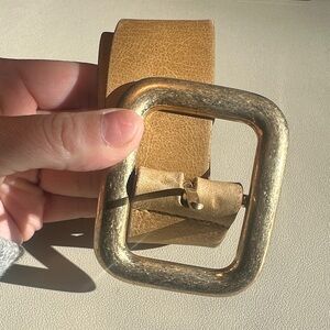 Tan Genuine Leather Belt with Oversized Gold Buckle